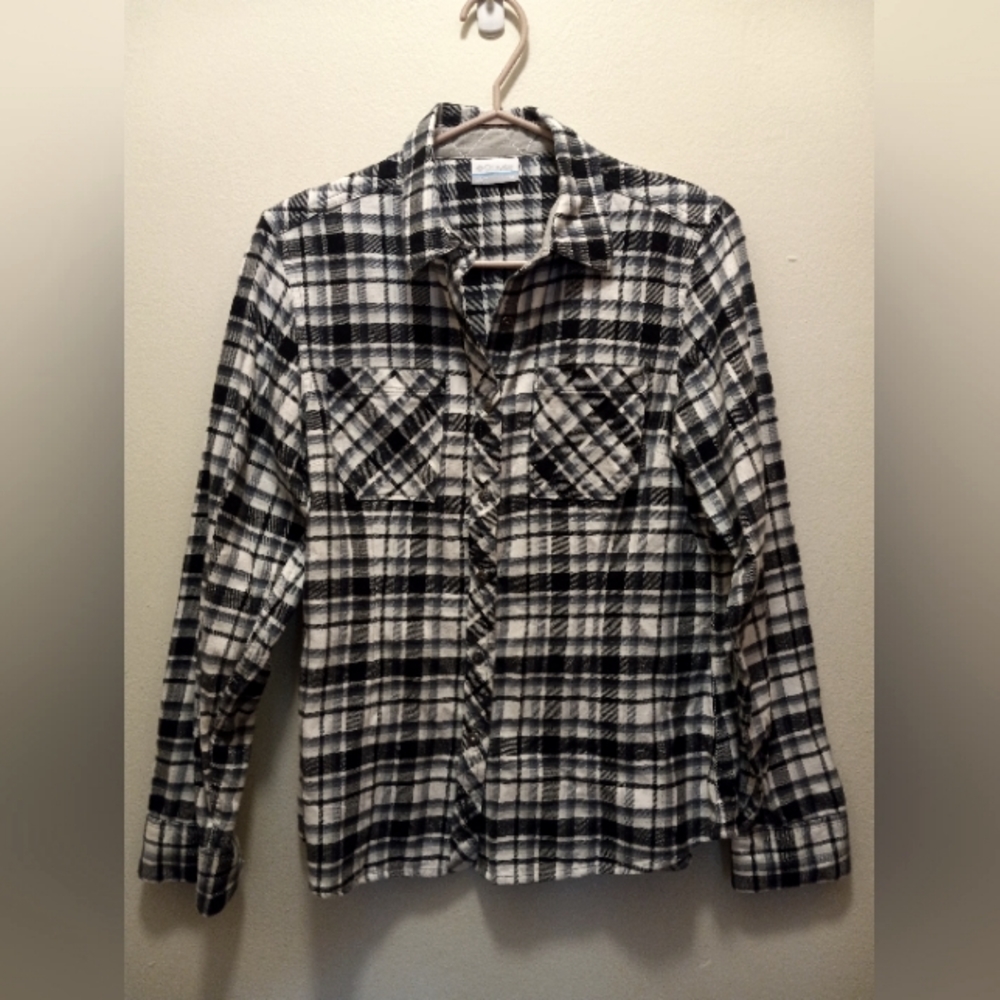 Columbia Black and White Plad Button Down Flannel Shirt Size M